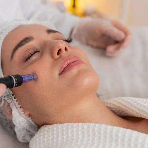 A woman receiving a facial treatment with a device on her cheek in a spa setting.