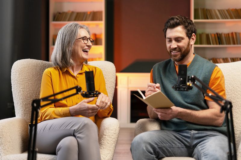 Two podcasters, a mature woman and a mid adult man, are recording an interview in a home studio