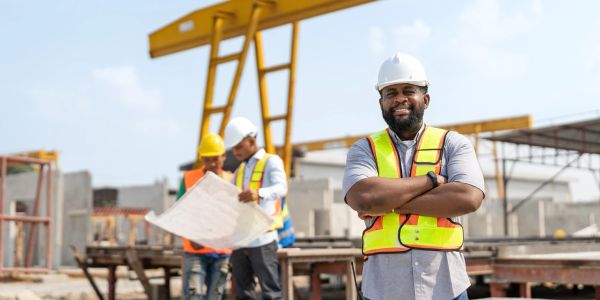 Confident engineer at construction site with team reviewing blueprints.