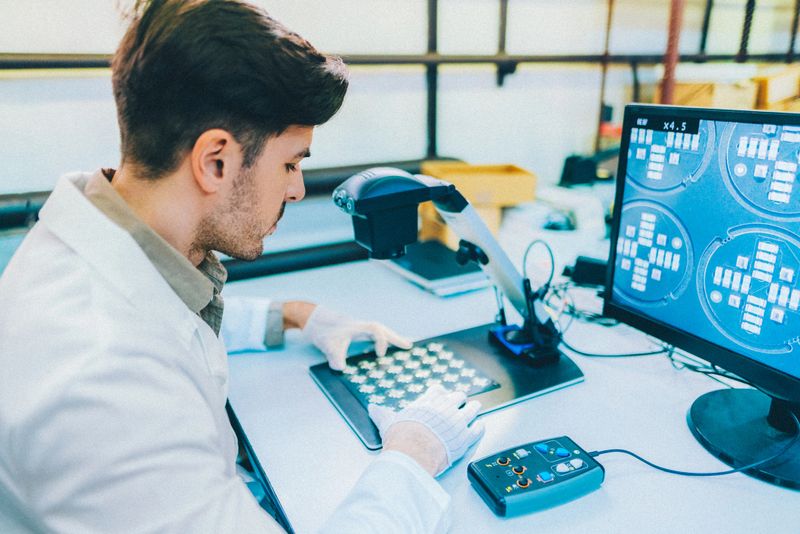A focused male engineer wearing a white lab coat and gloves examines a printed circuit board (PCB) using a digital microscope in a modern laboratory.
