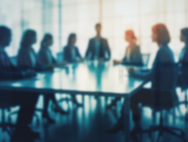 Blurry image of people sitting around a conference table in a meeting.