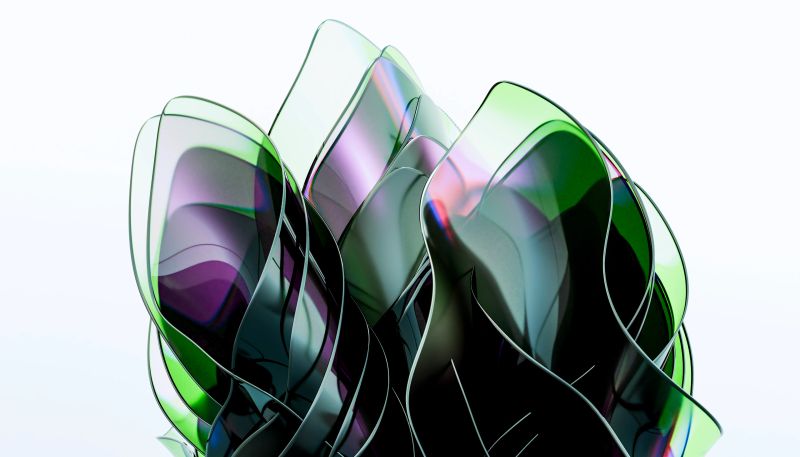 Intricate glass petals intertwining, creating a captivating translucent sculpture with a play of light and shadow