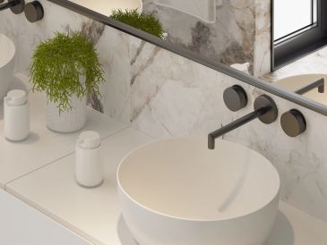 Bồn rửa trắng hiện đại với cây xanh và gương lớn.