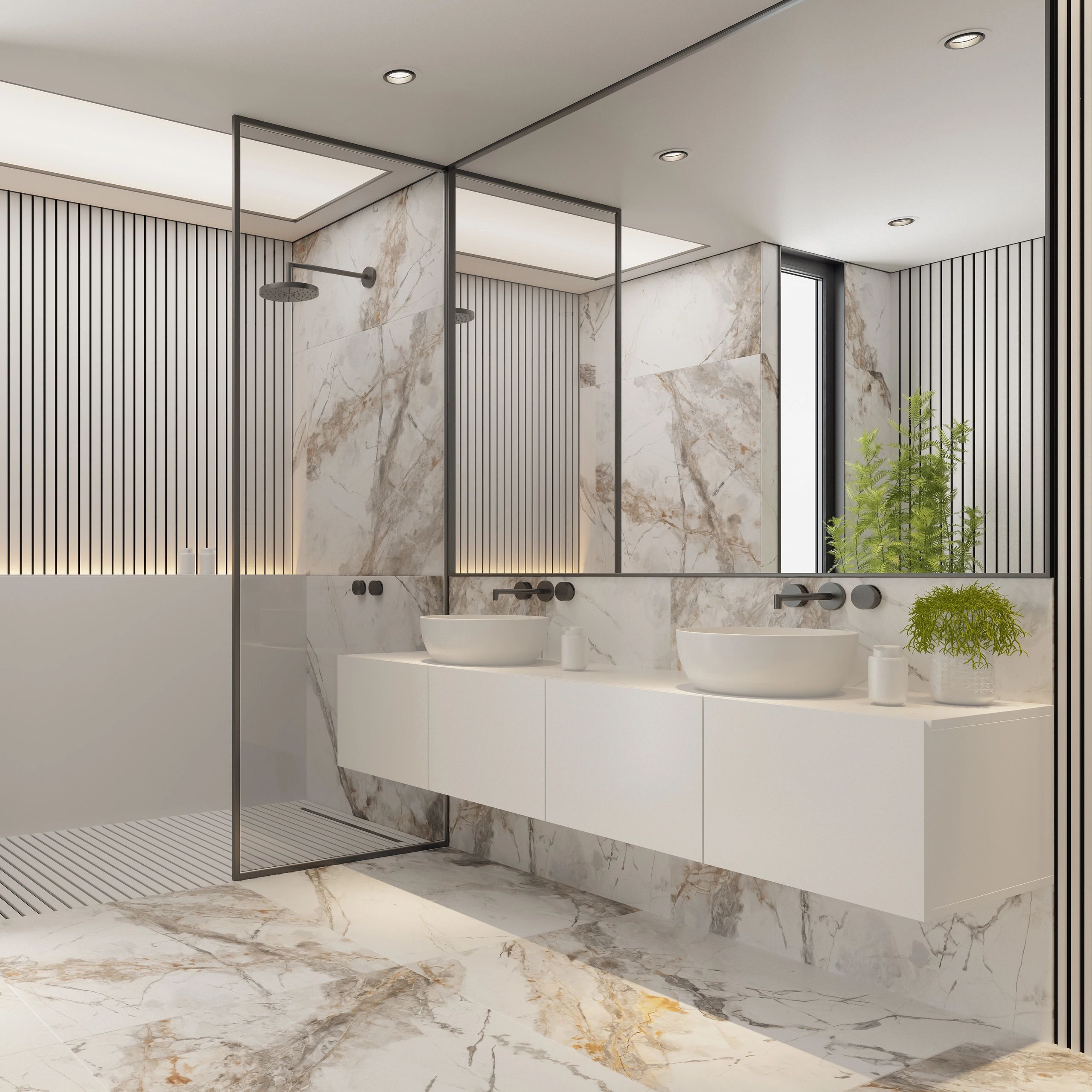 Modern bathroom with marble walls and minimalist fixtures.