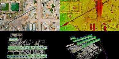 Four aerial and 3D mapping views of an industrial site with roads and tanks.