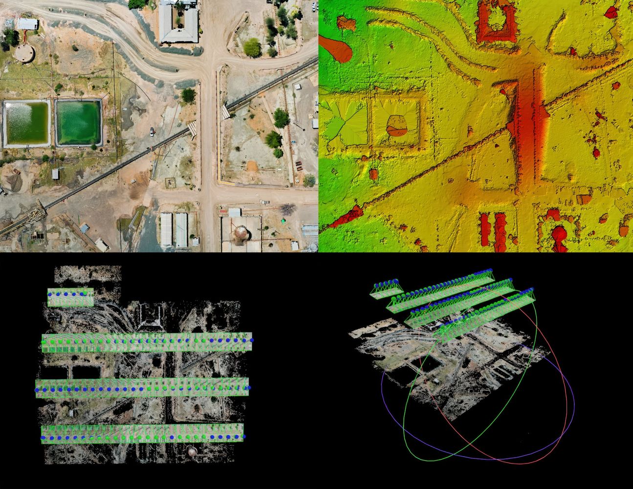 Four aerial and 3D mapping views of an industrial site with roads and tanks.