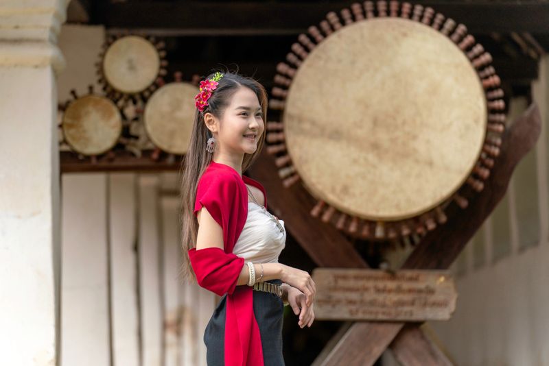 Beautiful Young Woman in Authentic Lanna Thai Dress Outdoors
