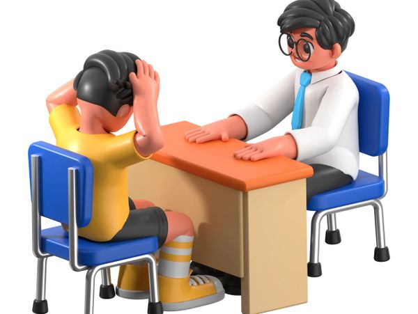 3D illustration of a serious conversation between two people at a desk.
