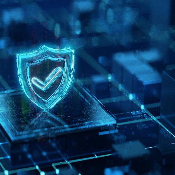 Símbolo holográfico de escudo con marca de verificación para seguridad digital.