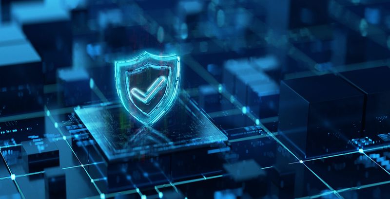 Digital shield icon on dark futuristic background. Cybersecurity & network security Concept. AI based technologies of digital safety