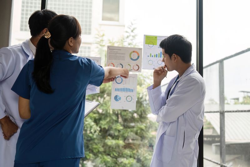 Doctors collaboratively reviewing health data charts to develop effective patient care strategies, highlighting teamwork and communication.