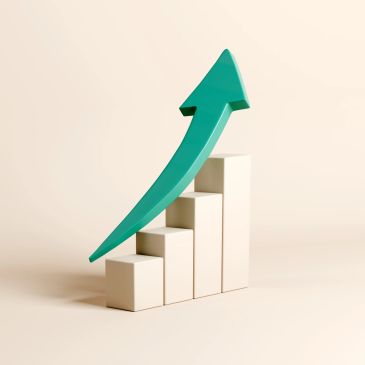 Upward arrow on ascending bar chart.