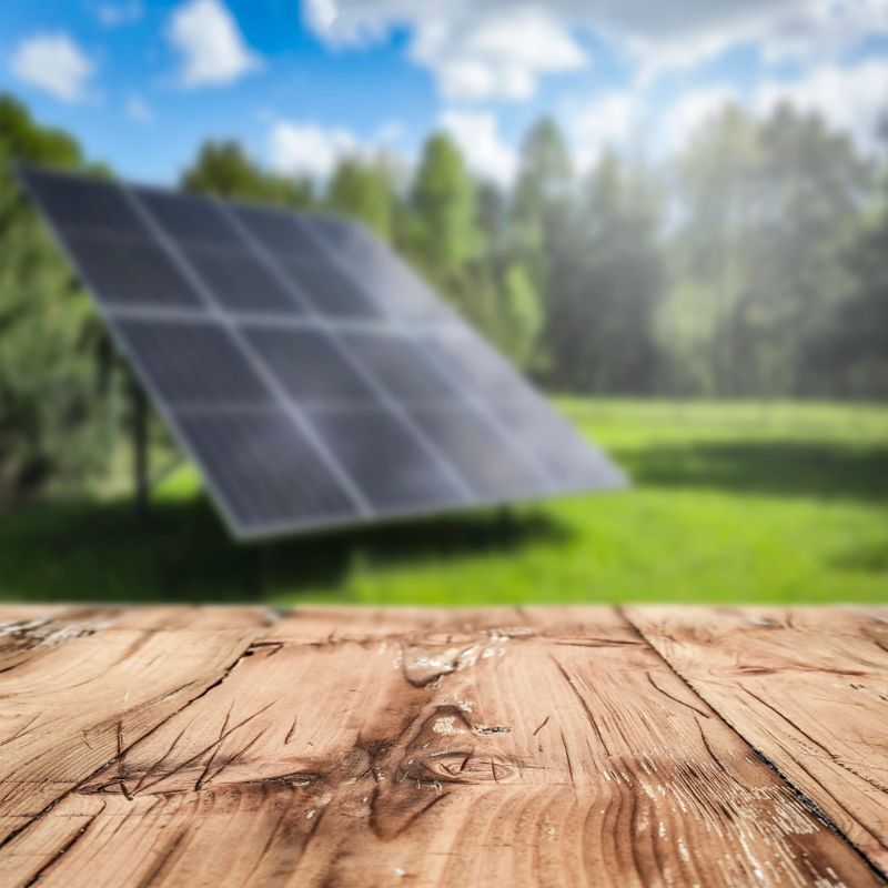 A wooden table with a smooth finish is in the foreground. In the blurred background, solar panels are mounted on a grassy lawn surrounded by trees. The scene suggests a focus on alternative energy within a natural garden setting, with clear skies and lush greenery visible.