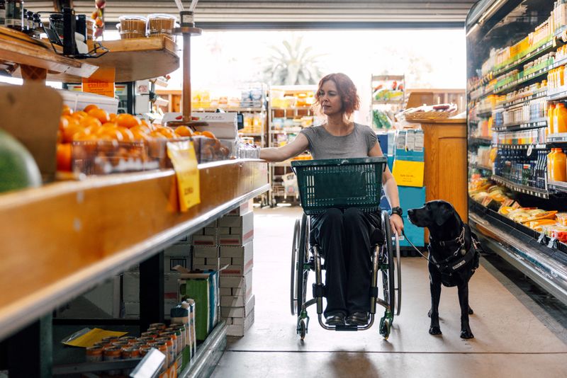 Woman on wheelchair and her service dog go shopping at local grocery store.