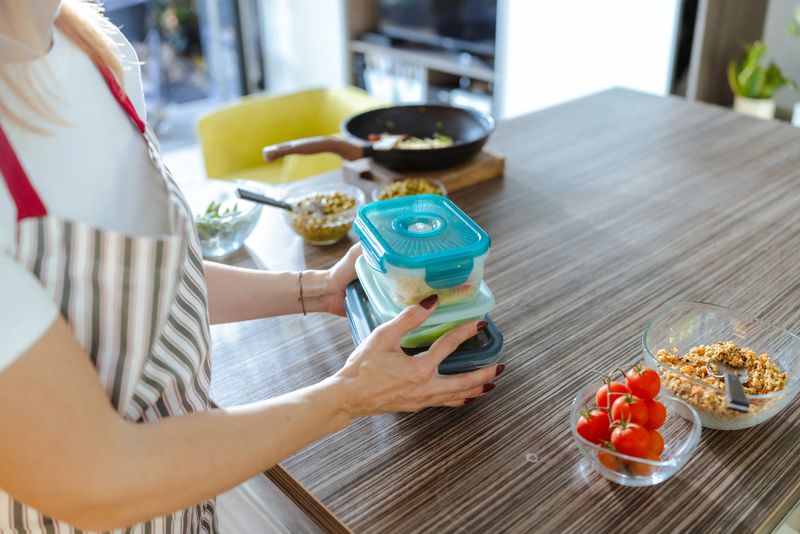 A person wearing an apron organizes meal prep containers on a kitchen counter with various ingredients, including fresh vegetables, on display. A skillet and additional dishes accompany the scene.