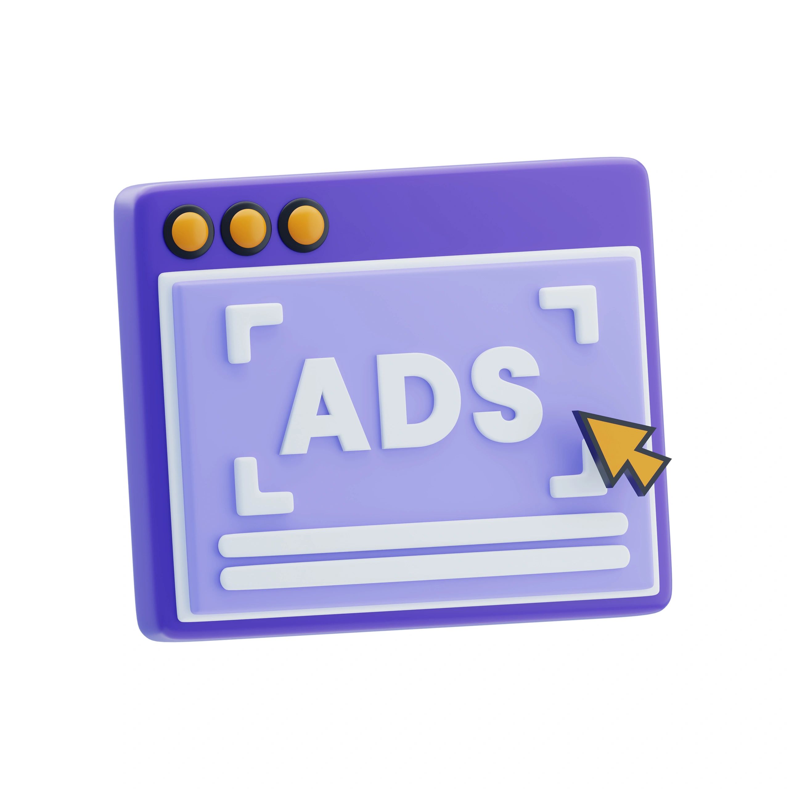 3D illustration of a web browser window with an ad and a cursor pointer.