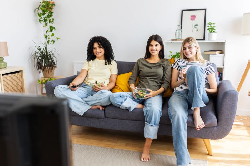 Three female friends are relaxing on a sofa, eating healthy salads and enjoying a tv show together in their modern apartment. Female friendship and youth concept