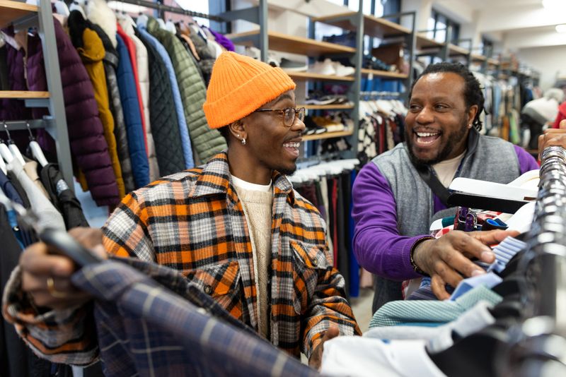 A medium shot of two friends sharing a laugh while browsing clothes at a local charity shop. Surrounded by second-hand items, they embrace sustainable eco friendly fashion and support a good cause through mindful shopping.

Videos are available similar to this scenario.