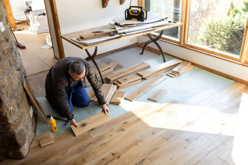 A high-angle full shot of a carpenter placing hardwood flooring down in a country house. He is surrounded by materials for the job at hand. Located in Hexham, Northumberland.

Videos of this scenario are available.