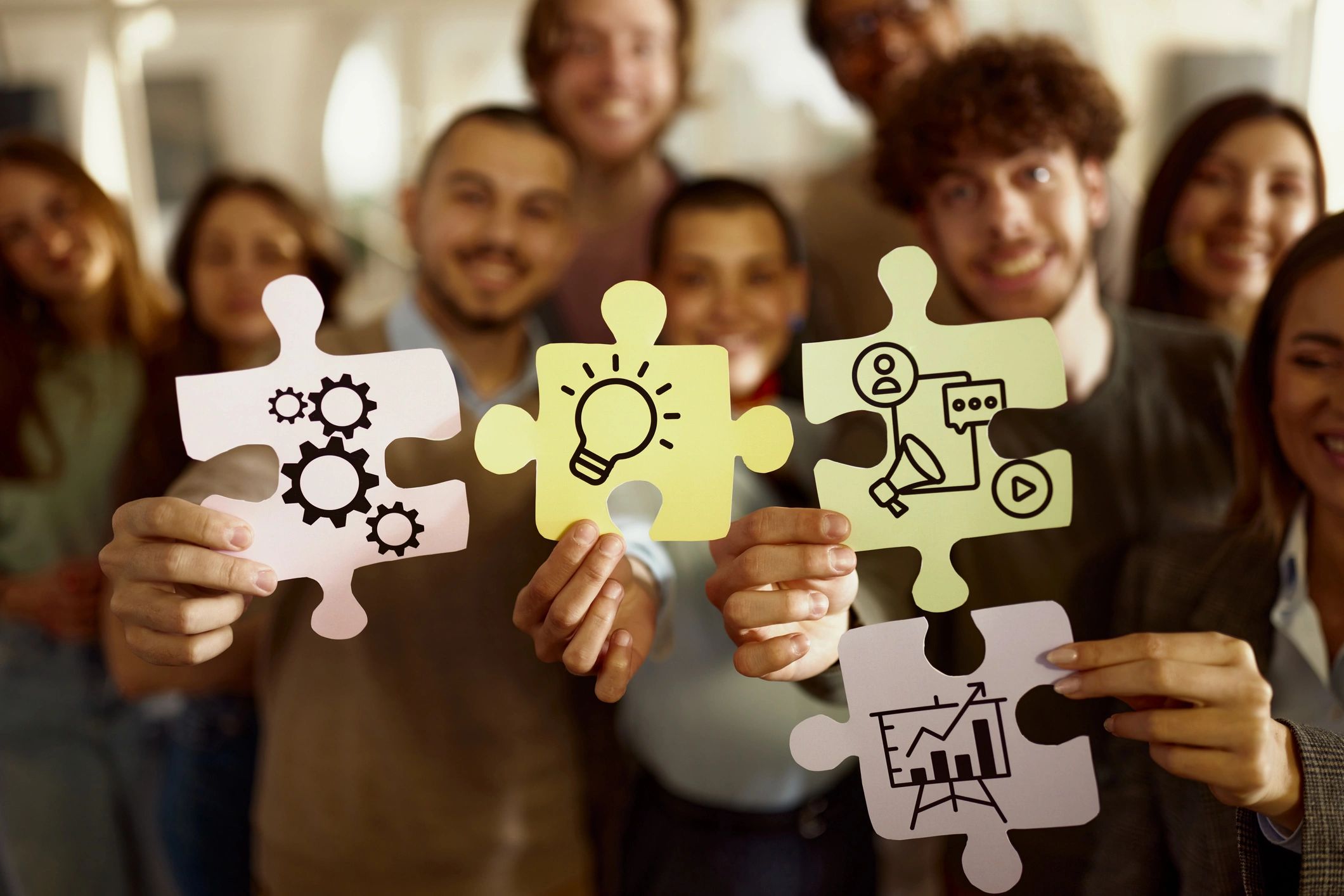 Team holding puzzle pieces with icons representing teamwork and ideas.