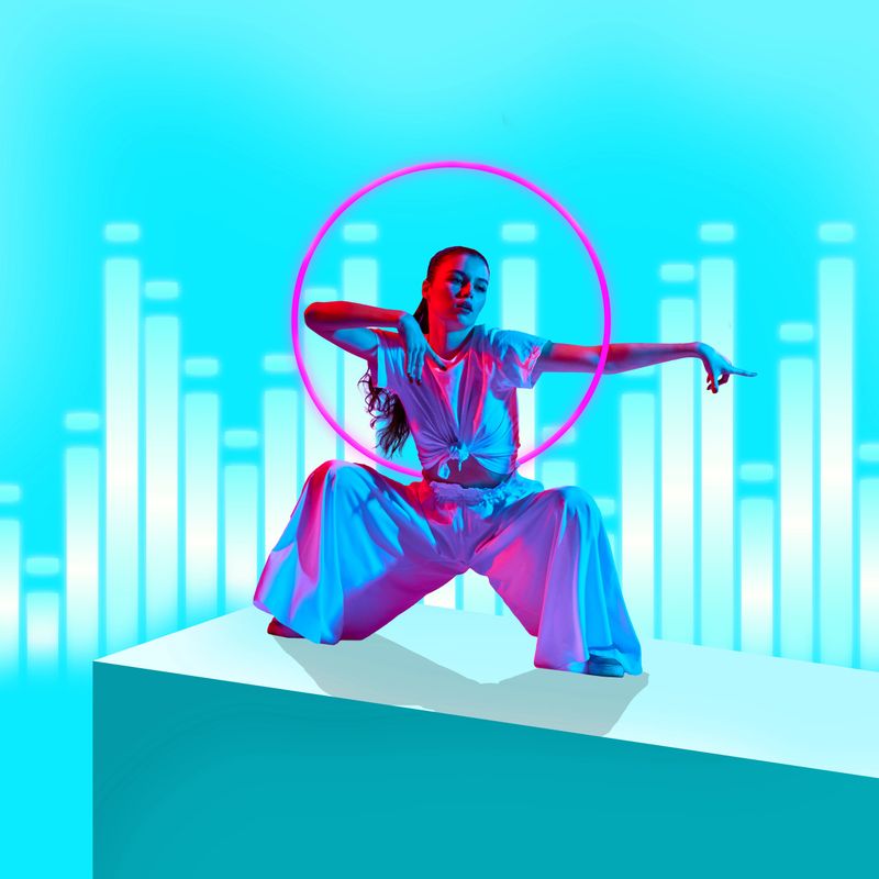 Confident young woman, hip hop dancer squatting with glowing pink ring and audio bars in light blue space, performing. Contemporary art collage. Concept of dance, futurism, youth, surrealism. Poster
