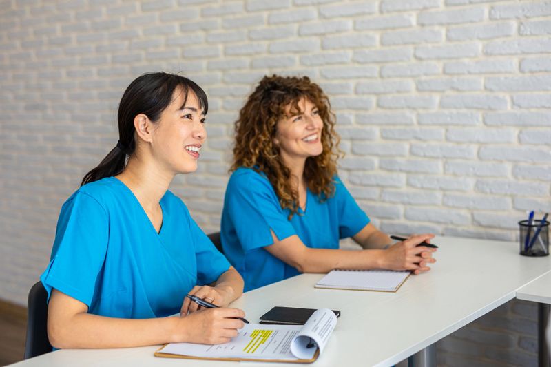 Two female medical students in doctor's office