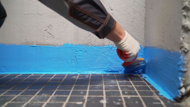 Construction worker applying blue waterproofing sealant to walls and floors, protecting against moisture and leaks during bathroom renovation