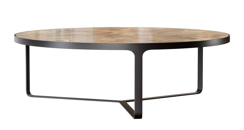 Round metal coffee table with marble top, isolated on white background. 3D render. 3D illustration.