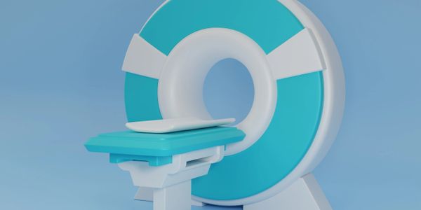 Modern MRI machine with blue and white color scheme.