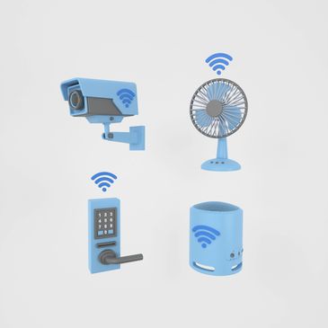 Blue smart devices with Wi-Fi symbols: camera, fan, door lock, and speaker.