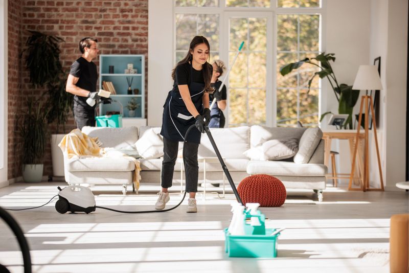 Team of male and female professional cleaners working together to clean a bright, modern apartment.