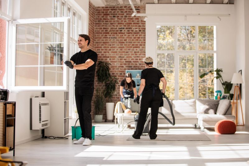 Team of male and female professional cleaners working together to clean a bright, modern apartment.