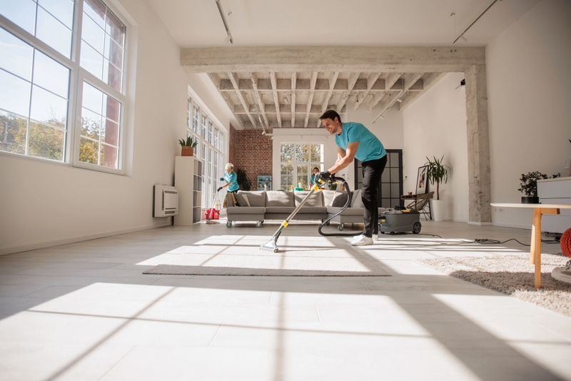 Team of male and female professional cleaners working together to clean a bright, modern apartment.
