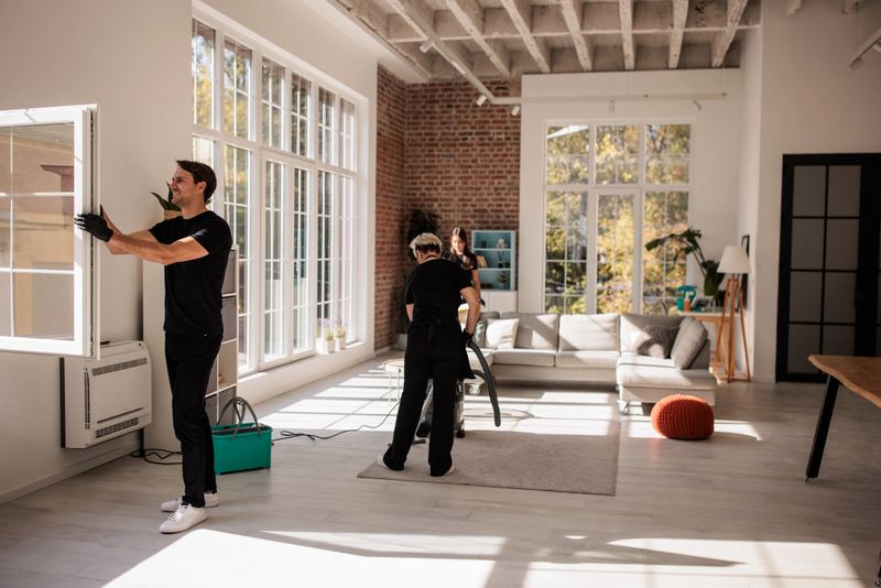 Team of male and female professional cleaners working together to clean a bright, modern apartment.
