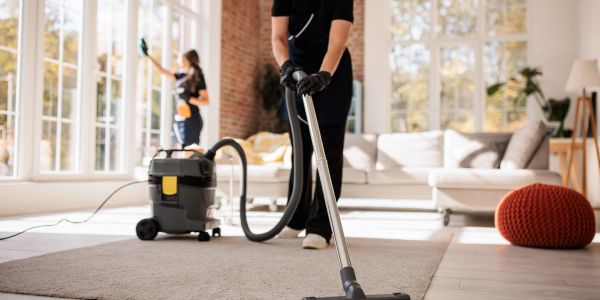 Two people cleaning a bright living room, one vacuuming carpet, another cleaning windows.