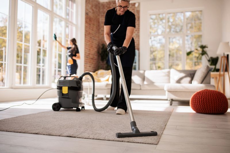 Two female professional cleaners working together to clean a bright, modern apartment. One woman is vacuuming the carpet.