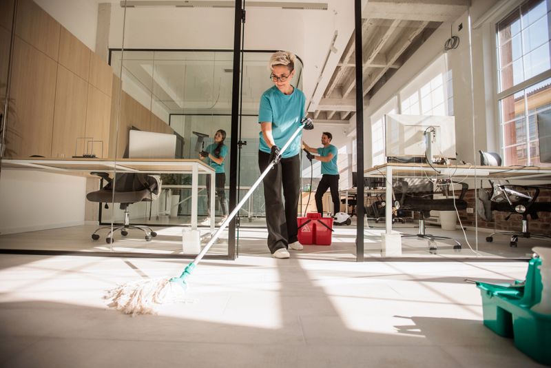 Office cleaning team using tools and equipment to maintain cleanliness in a professional work environment. Female worker is moping the floor.