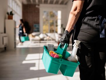 Person holding a teal cleaning caddy with supplies in a sunlit room.