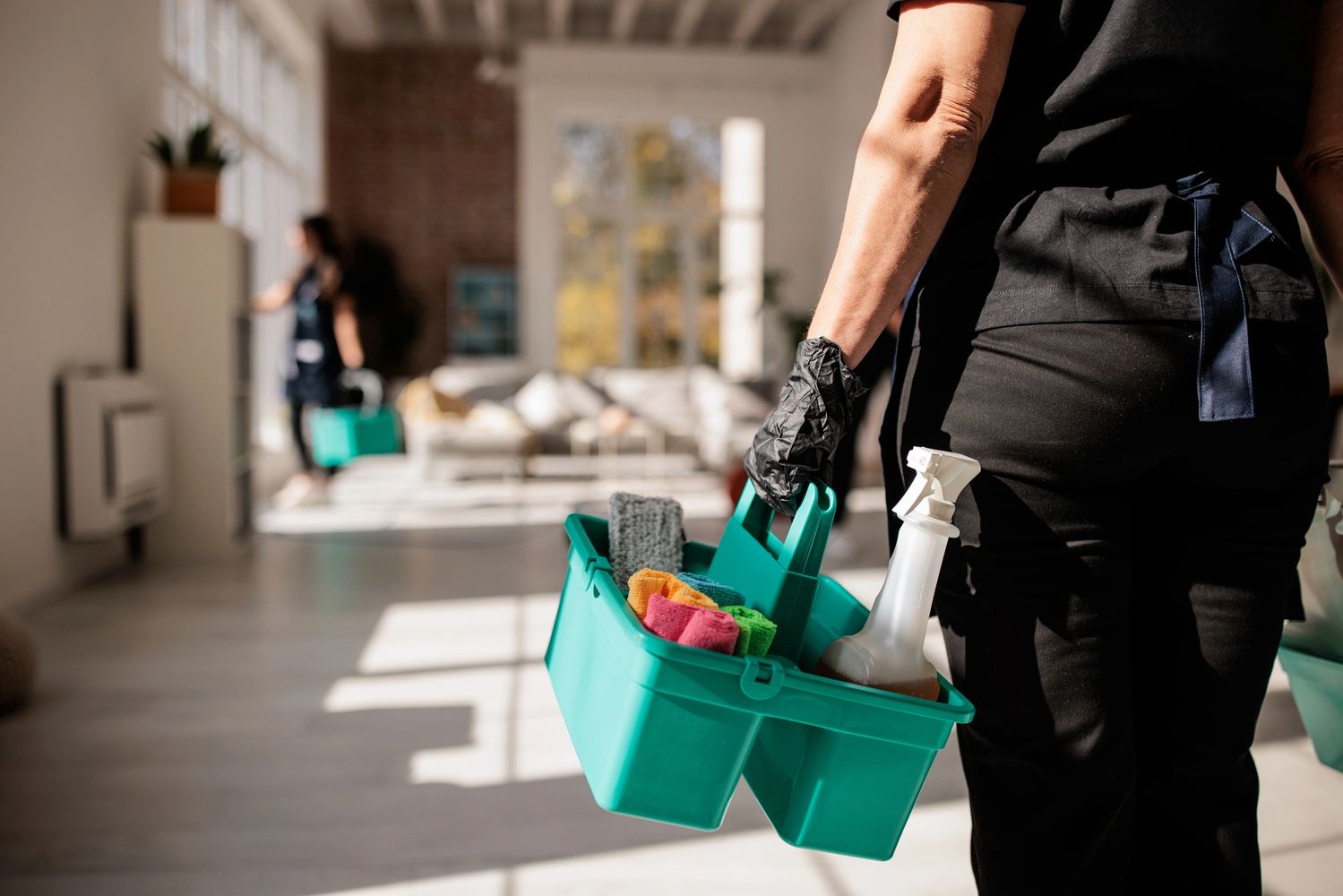 Person holding a cleaning caddy with supplies in a sunlit room.