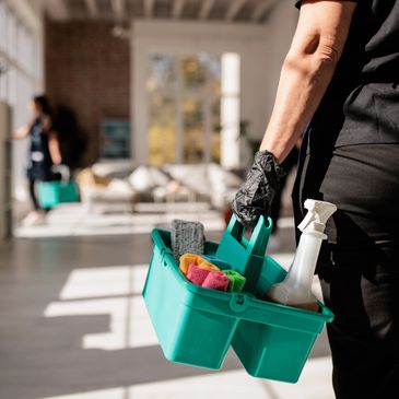 Person holding a cleaning caddy with supplies in a bright room.