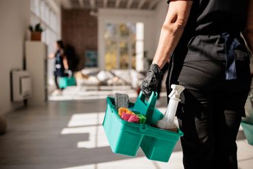 Person holding a cleaning caddy with supplies in a sunlit room.