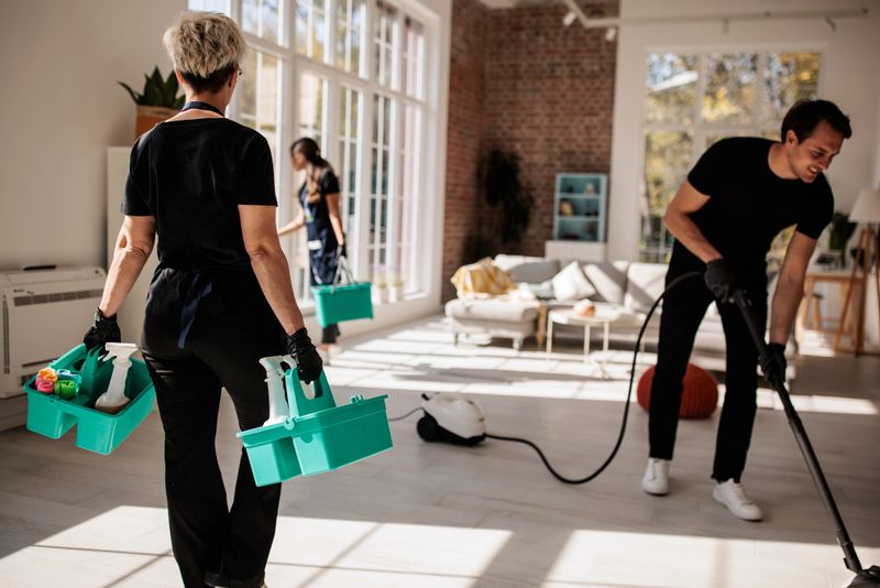 Cleaning professional brings essential products while teammates actively clean a contemporary apartment.