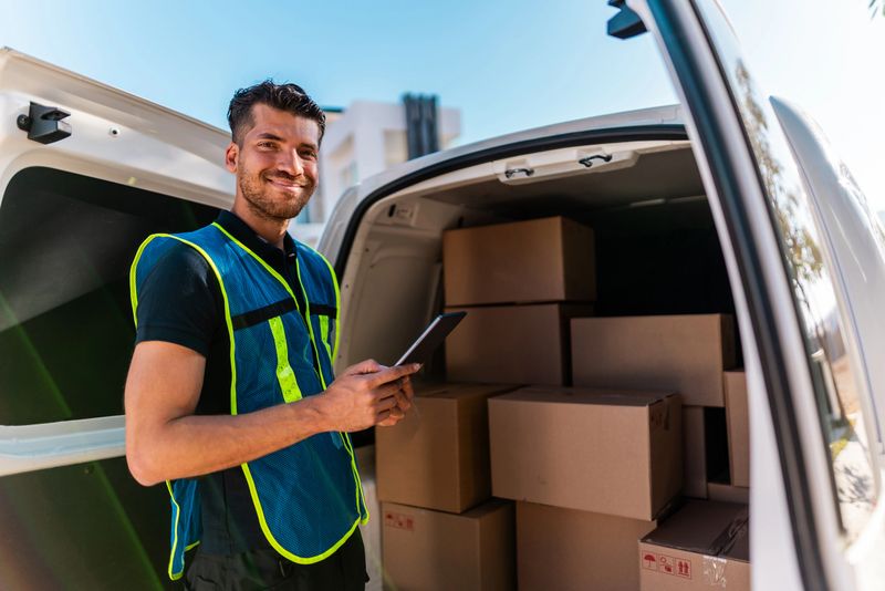 A young man wearing a reflective vest stands next to an open delivery van filled with cardboard boxes, smiling at the camera.