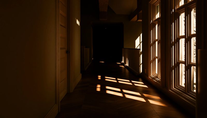 Sunlight streaming through window panes brightens a dark hallway, revealing a wooden floor and creating a warm, inviting atmosphere