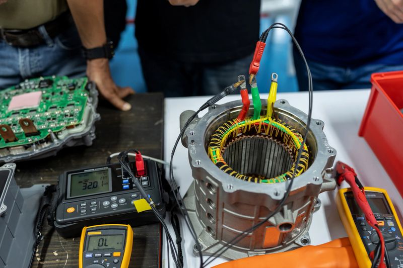 An engineer works in a maintenance workshop, connecting probes to an electric motor to measure voltage and resistance. This image highlights the importance of servicing electric vehicles and motor systems for optimal performance and sustainability.