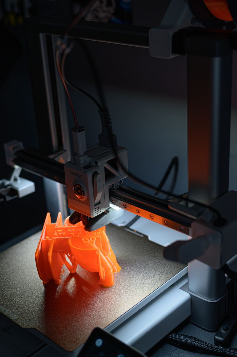 Advanced 3D printing technology demonstrates the creation of a detailed orange plastic object. The image captures the precision and innovation in modern design and manufacturing processes.