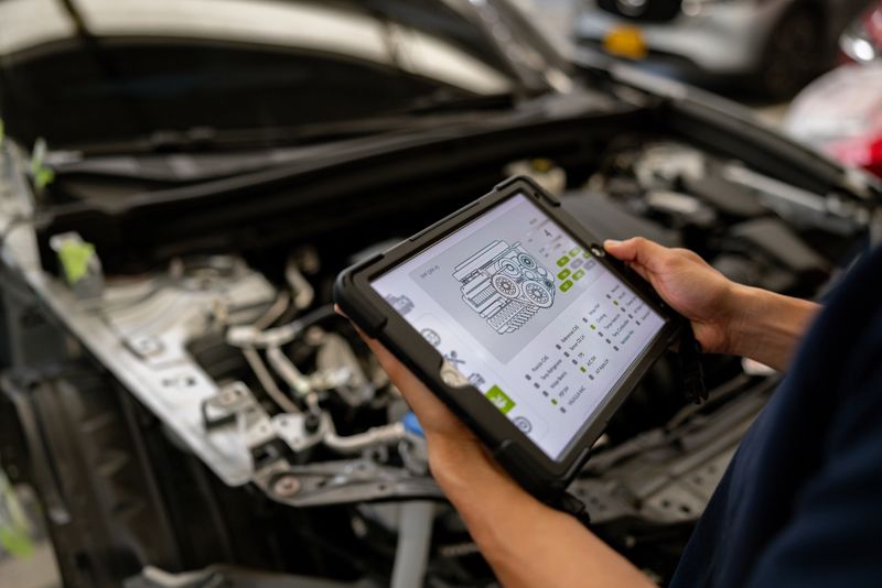 Close-up on a mechanic using a scanner to diagnose a problem with a car - vehicle breakdown concepts
