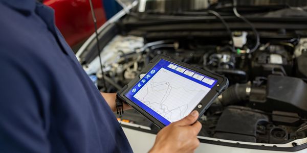 Technician using a tablet to diagnose car engine issues.