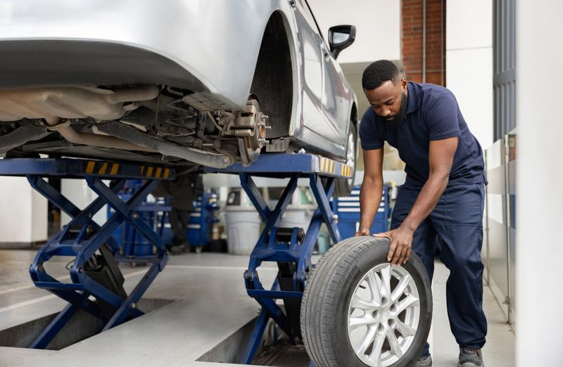 African American mechanic changing a flat tire on a car at a garage - vehicle breakdown concepts