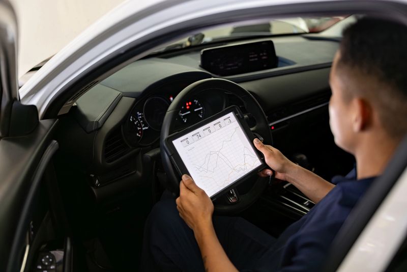 Latin American mechanic using a digital tablet while looking at a diagnosis on a modern car at the garage